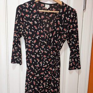 Women's Faux Wrap Dress Black with Red and White Floral.